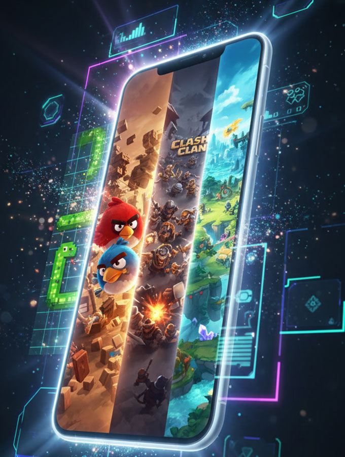 Cinematic timeline showing mobile gaming evolution from Nokia Snake to modern open-world smartphone games