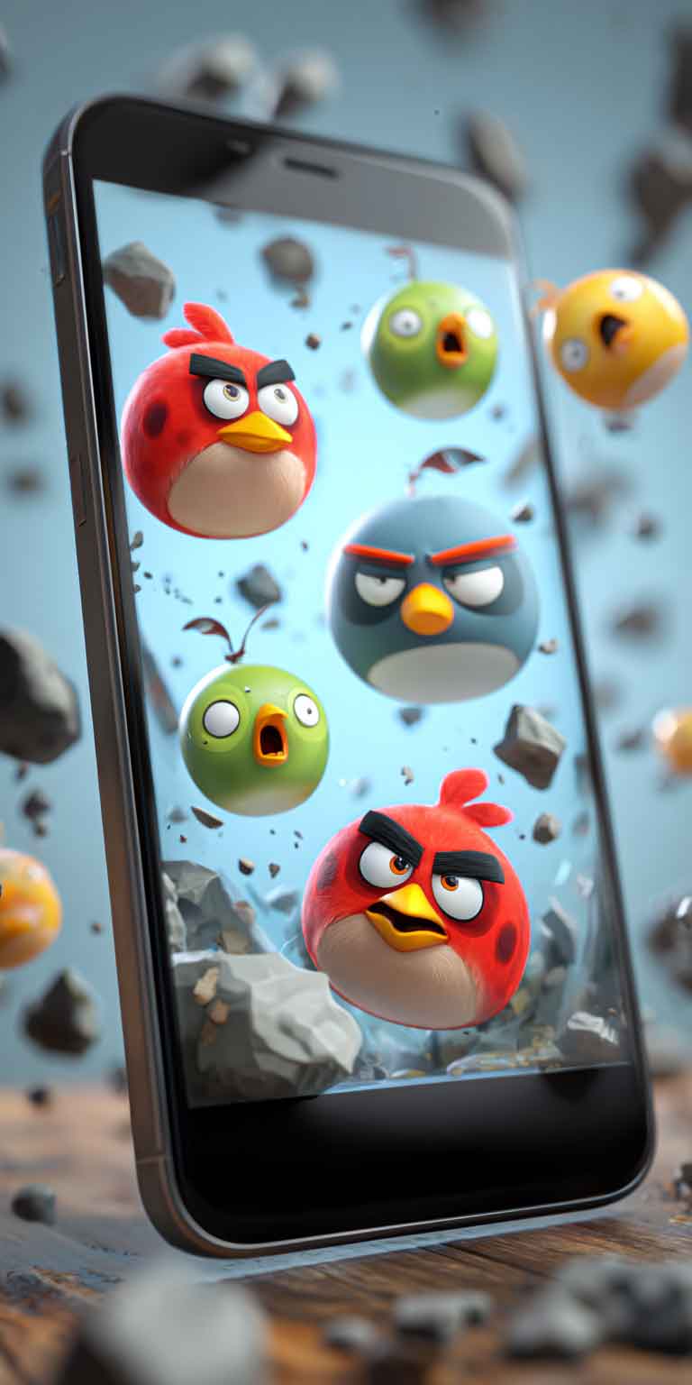 Colorful casual mobile game with cartoon characters, vibrant physics action scene on smartphone screen