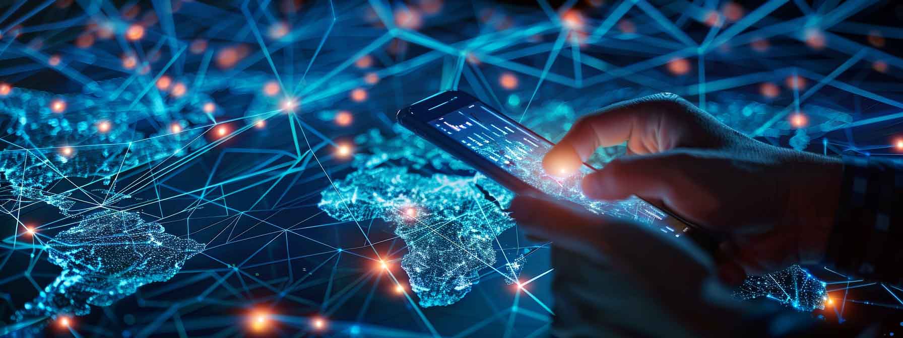 Multiple smartphones connected by glowing network lines forming global multiplayer gaming network over world map