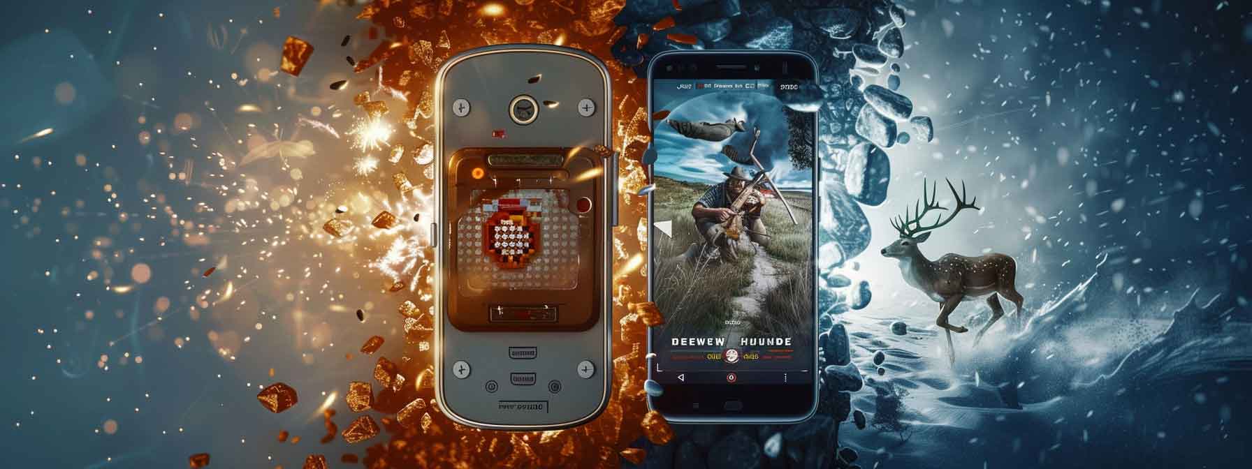 Old keypad mobile phone transforming into modern touchscreen smartphone with glowing particles