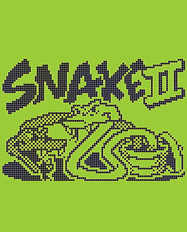Close-up macro of retro Snake game on old mobile phone, pixelated snake on glowing green LCD screen